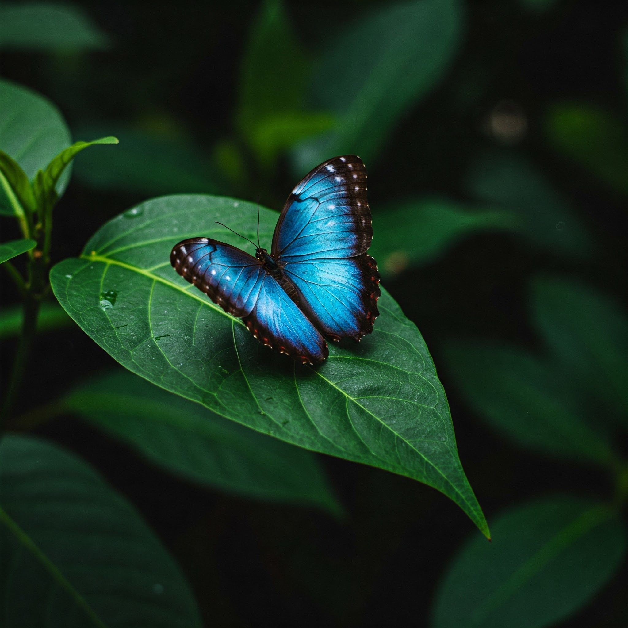 photo of Blue Morpho Butterfly on a Leaf